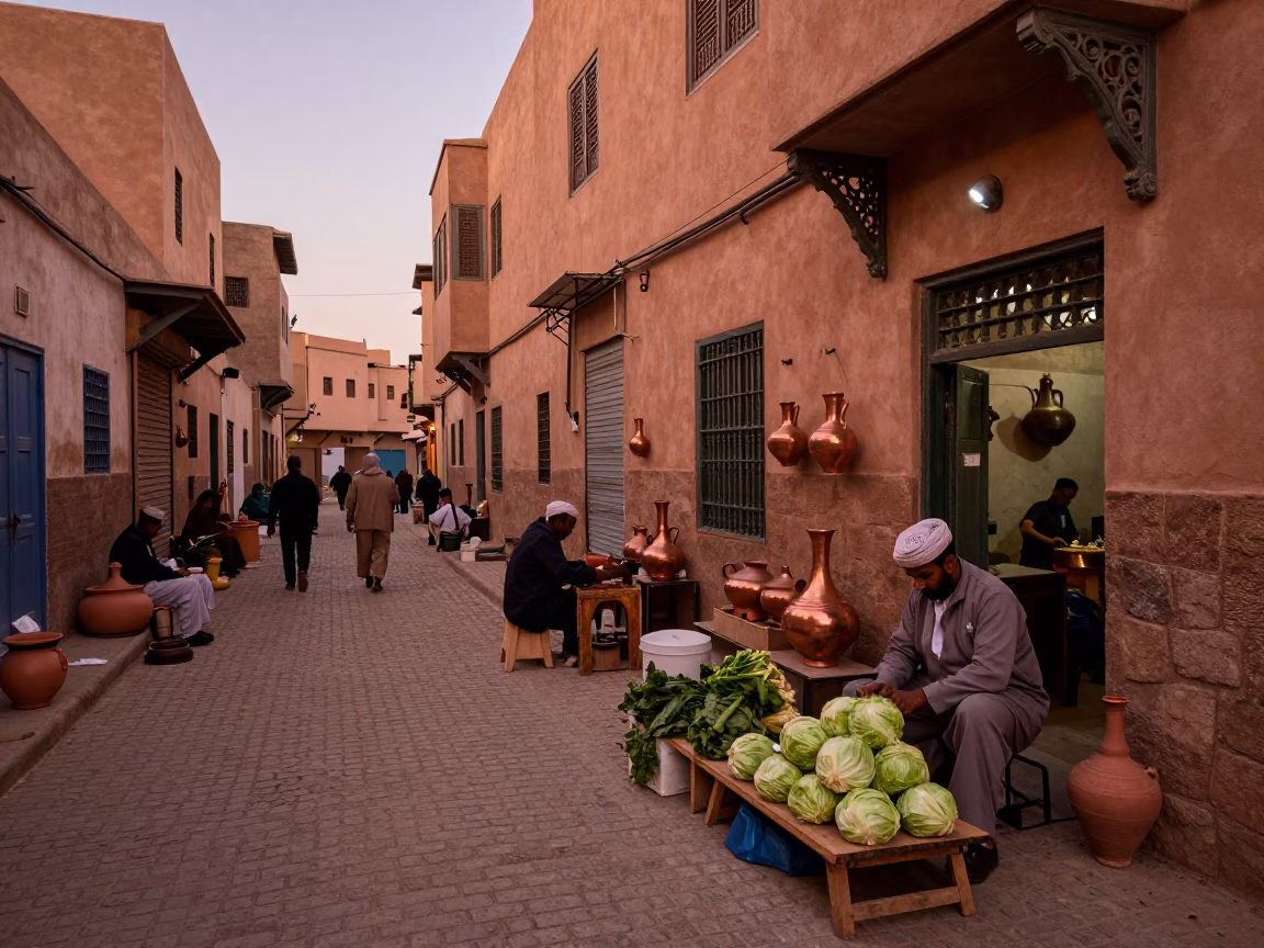 Fez Morocco Copper Dusk Street Scene with Traditional Pottery and Market Activity in in Fez, Morocco