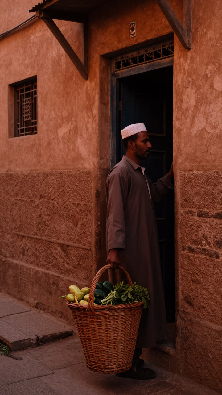 Fez Morocco Copper Dusk Street Scene with Wicker Hamper and Local Commerce in in Fez, Morocco