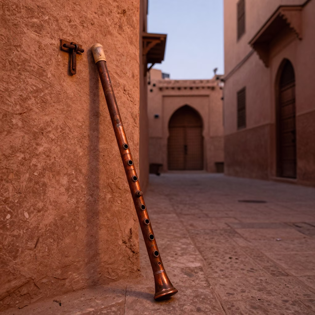 Fez Morocco Copper Dusk Street Scene with Wooden Flute and Latch Details in in Fez, Morocco