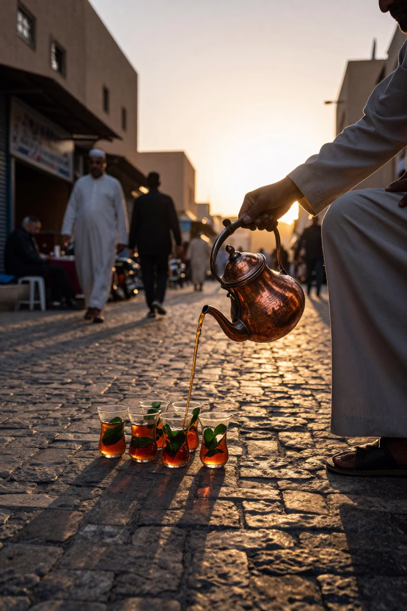 Fez Morocco Copper Dusk Traditional Mint Tea Service in Ancient Medina in in Fez, Morocco