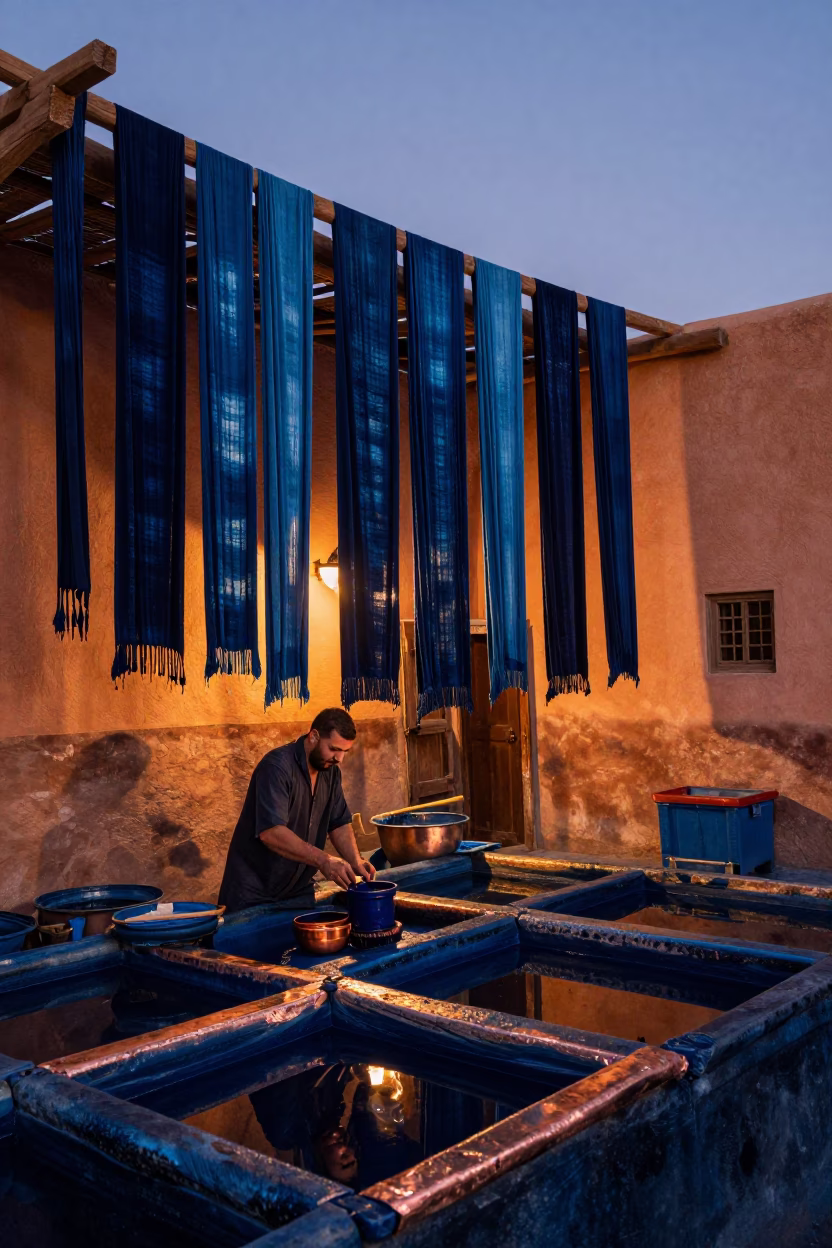 Fez Morocco Copper Dyeing Workshop Before Dusk Traditional Artisan Craft in in Fez, Morocco