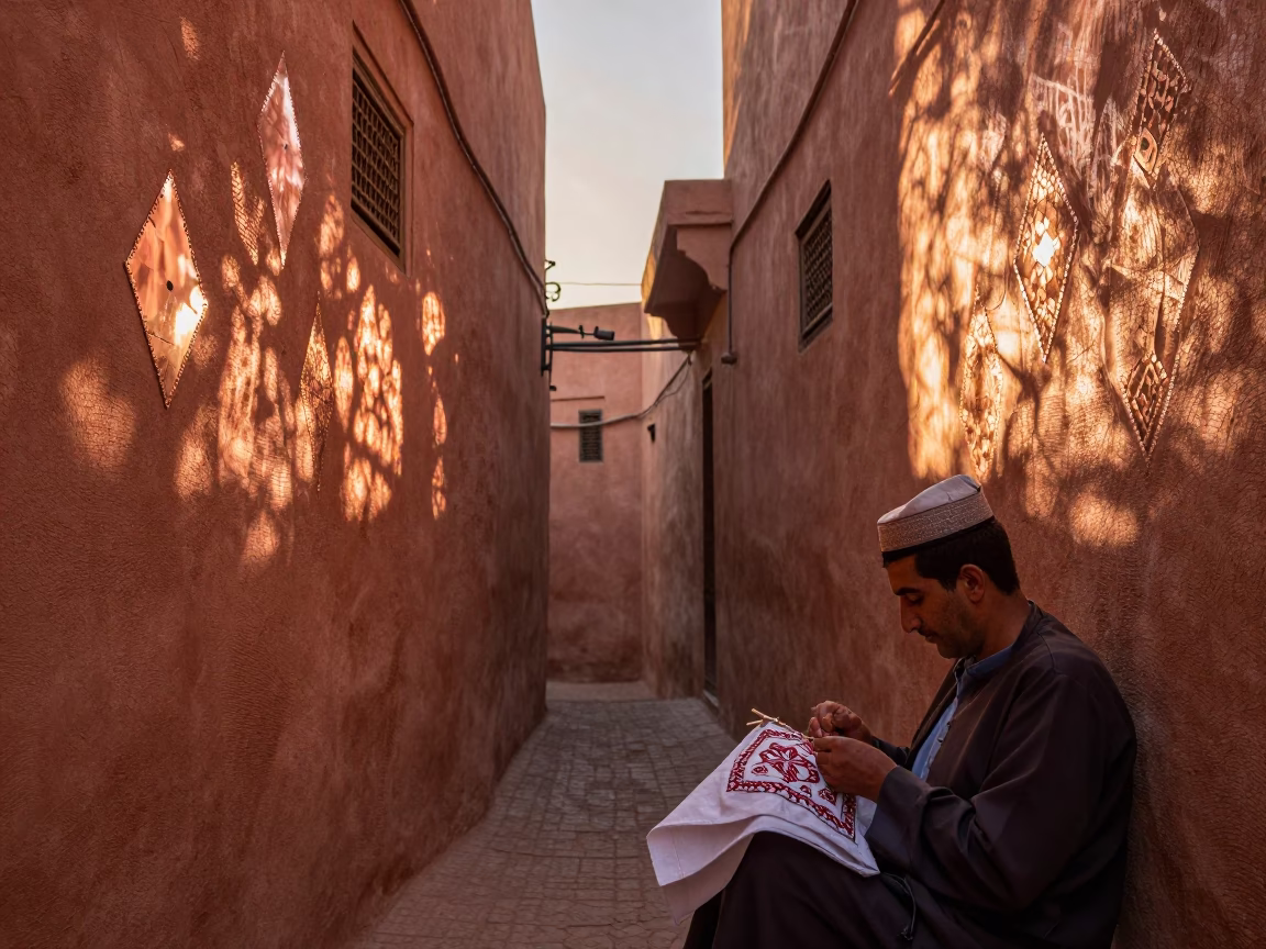 Fez Morocco Copper Light Before Dusk Artisan Embroidery Narrow Alleyway Candid Moment in in Fez, Morocco