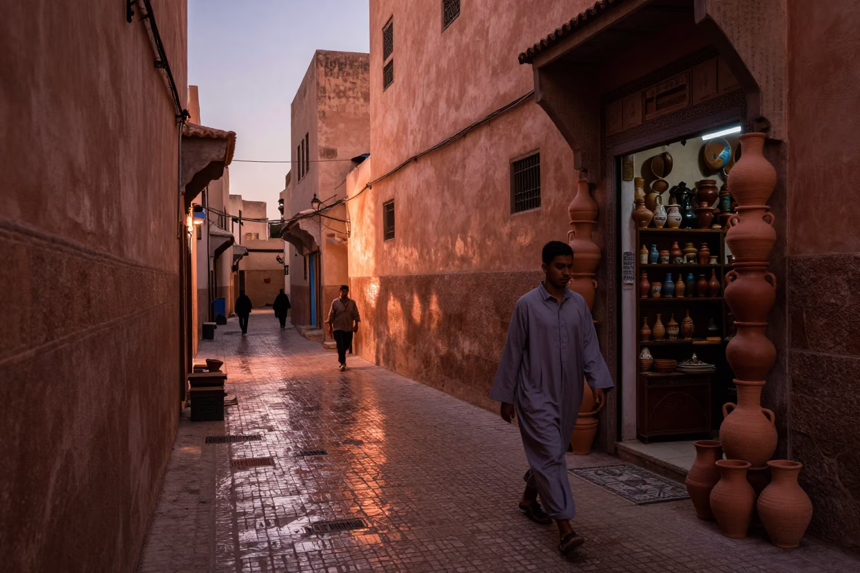 Fez Morocco Copper Light Before Dusk Street Scene with Reflections in in Fez, Morocco