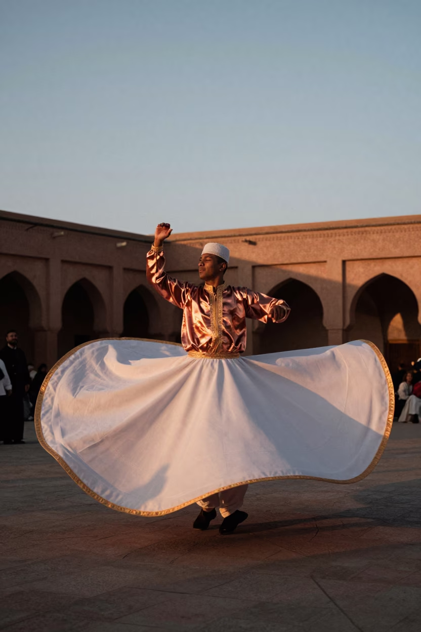 Fez Morocco Copper Light Dusk Sufi Whirling Dervish Traditional Attire in in Fez, Morocco