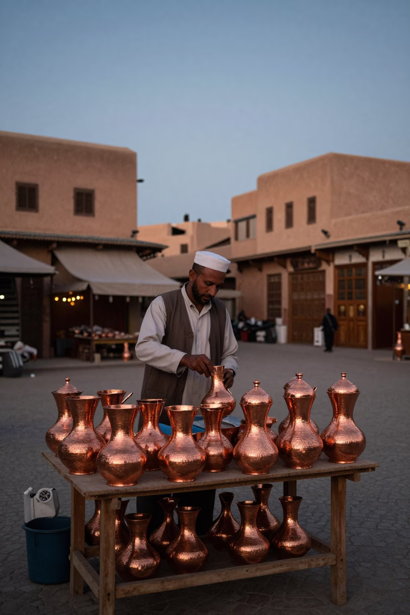 Fez Morocco Copper Pot Seller Before Dusk in Traditional Medina Market in in Fez, Morocco