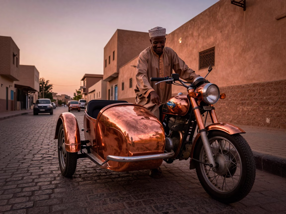 Fez Morocco Copper Sunset Street Scene with Vintage Motorcycle and Soap Residue in in Fez, Morocco
