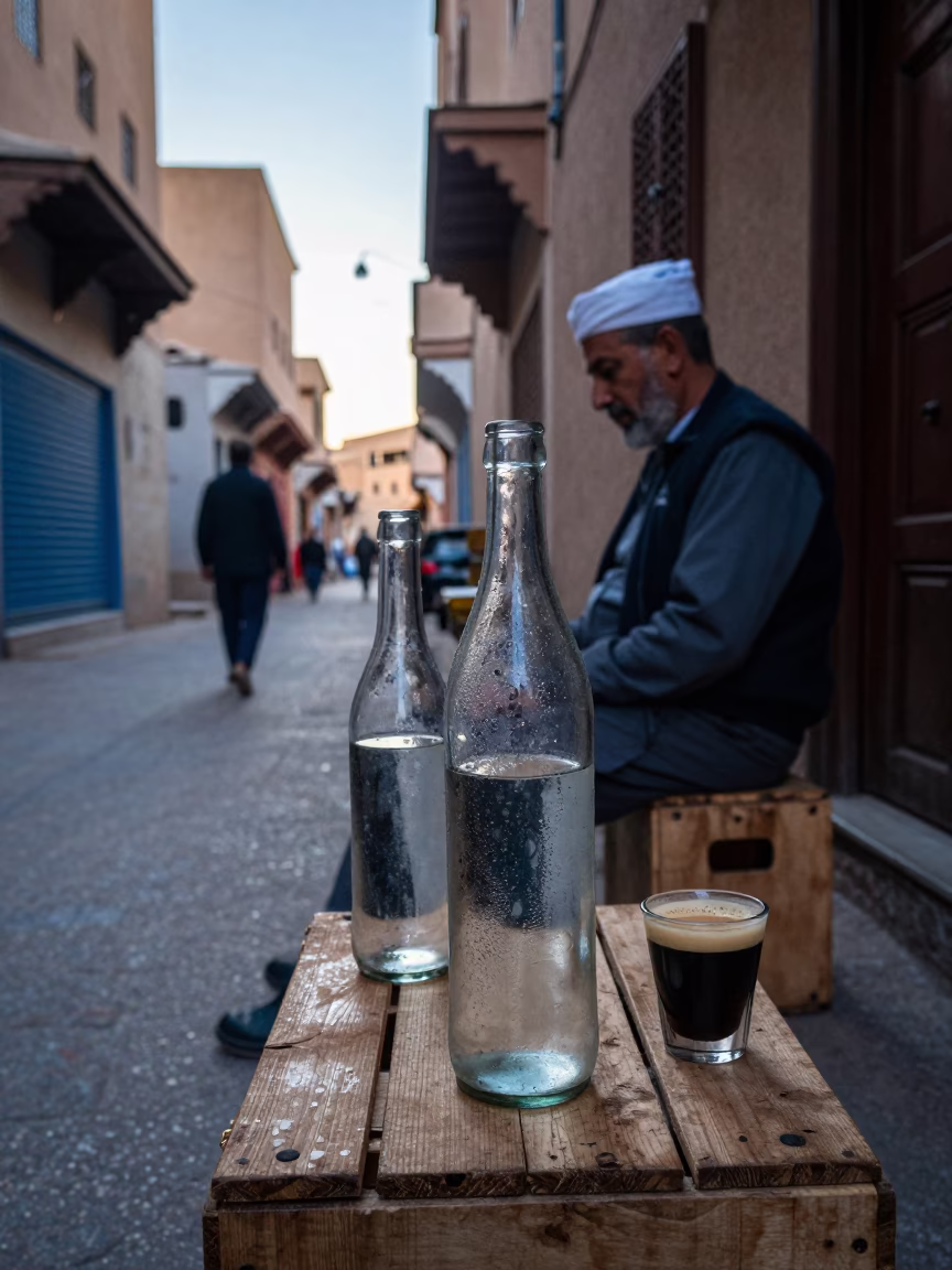 Fez Morocco Dawn Street Scene with Condensation Bottle and Espresso Cup in in Fez, Morocco