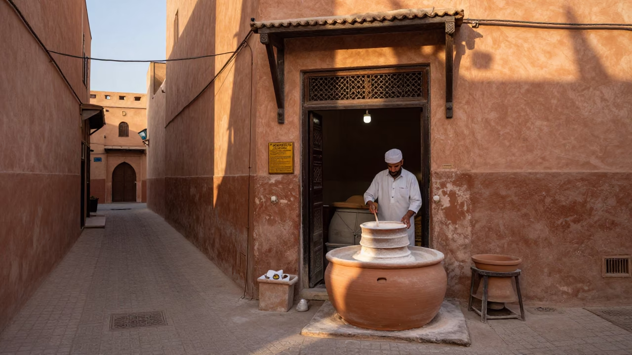Fez Morocco Dawn Street Scene with Traditional Bakery Flour Sifter and Clay Ovens in in Fez, Morocco