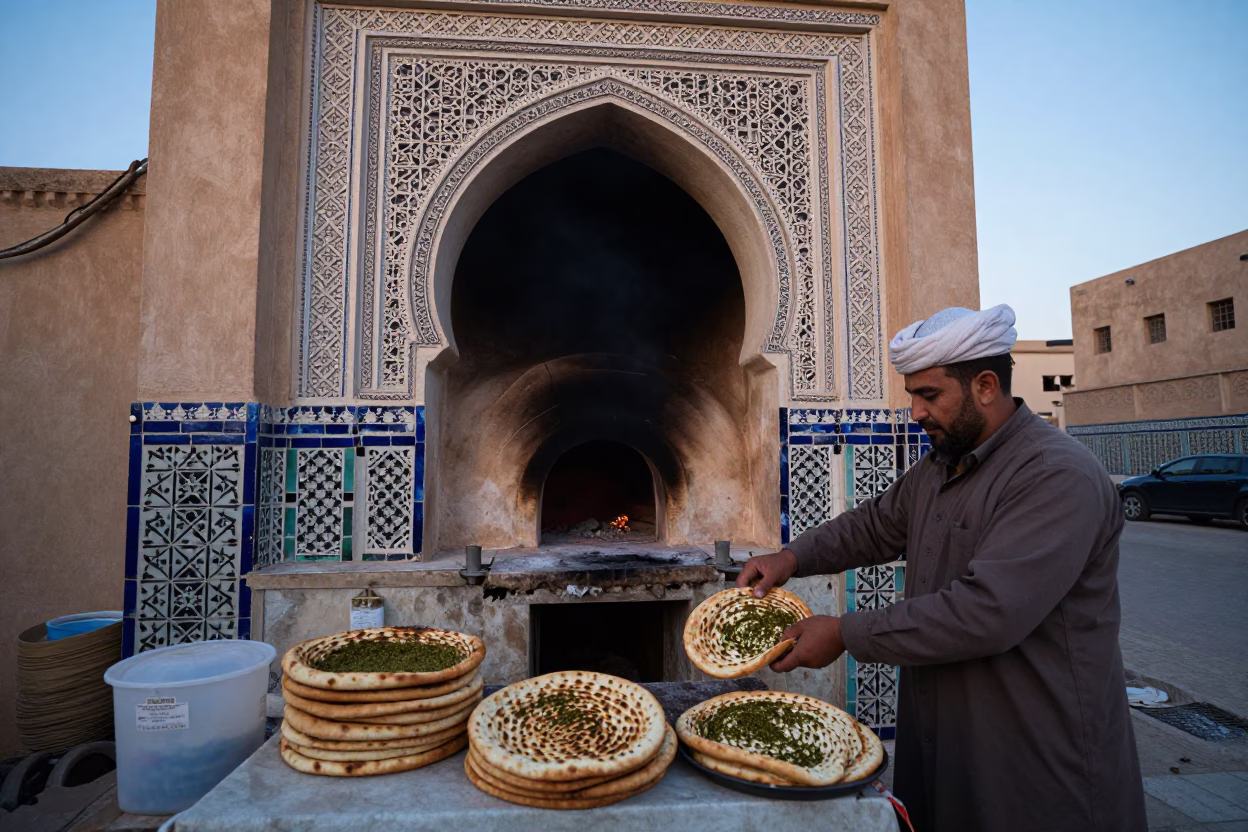 Fez Morocco Dawn Street Scene with Traditional Manakeesh and Zaatar Flatbread in in Fez, Morocco