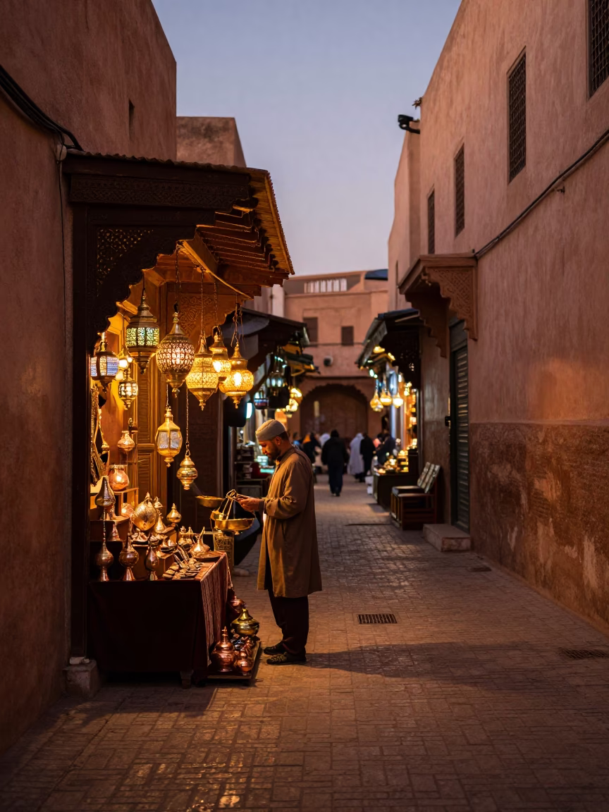 Fez Morocco Dusk Copper Light Street Scene with Traditional Craft and Daily Life in in Fez, Morocco
