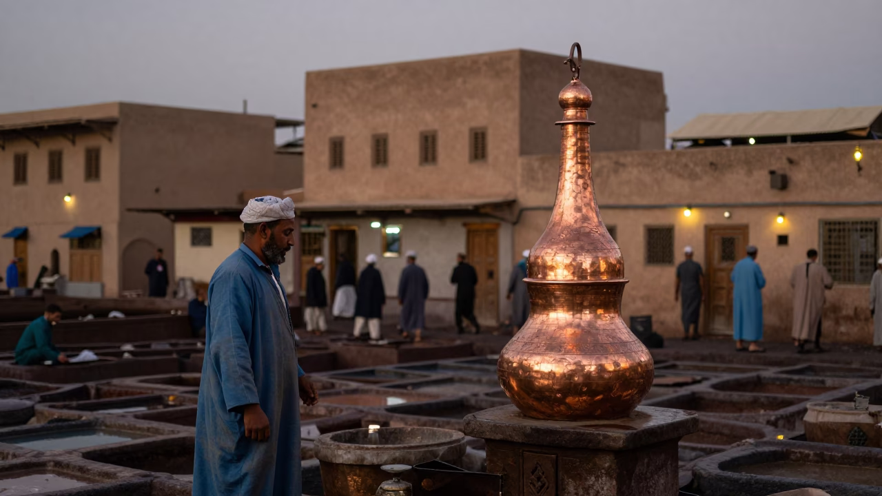 Fez Morocco Dusk Street Scene Copper Light with Local Artisans and Traditional Crafts in in Fez, Morocco