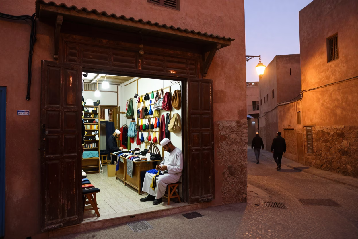 Fez Morocco Dusk Street Scene with Copper Light and Traditional Craftsmanship in in Fez, Morocco