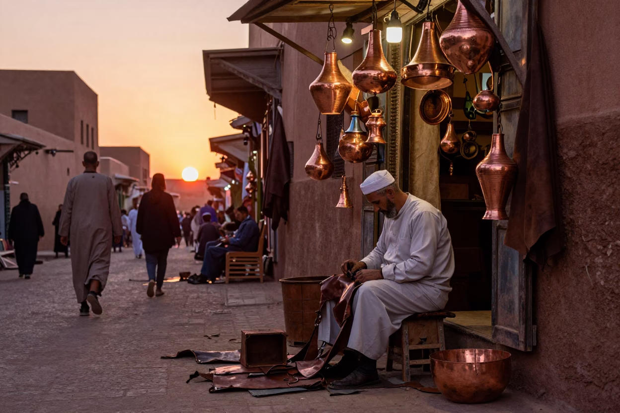 Fez Morocco Dusk Street Scene with Leatherworker and Copper Tones in in Fez, Morocco