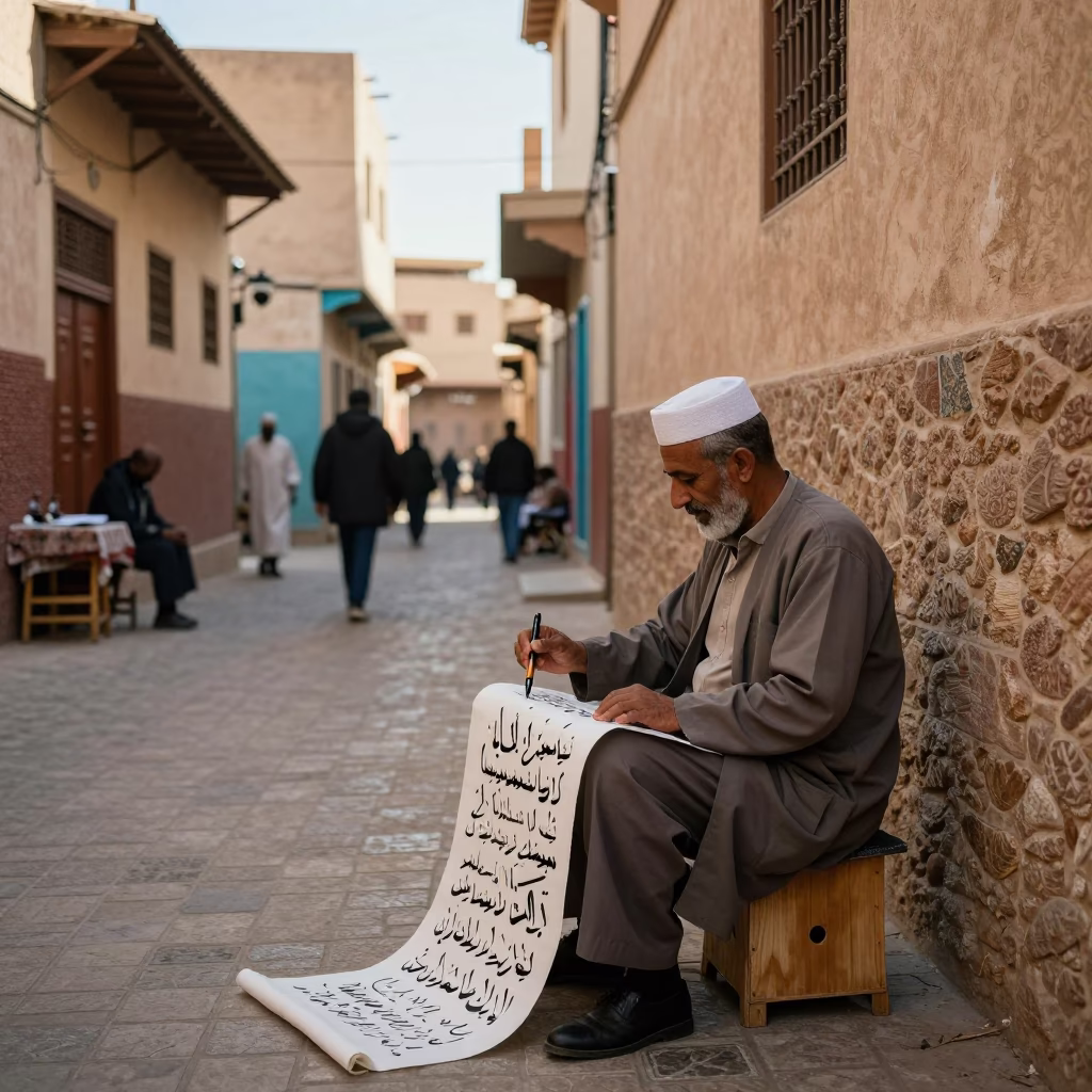 Fez Morocco Early Afternoon Street Scene with Traditional Calligraphy Demonstration and Glass Carafe in in Fez, Morocco