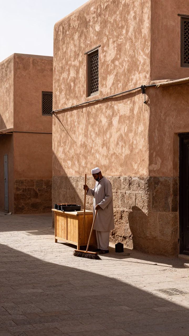 Fez Morocco Early Afternoon Street Scene with Traditional Cleaning Tools and Local Commerce in in Fez, Morocco