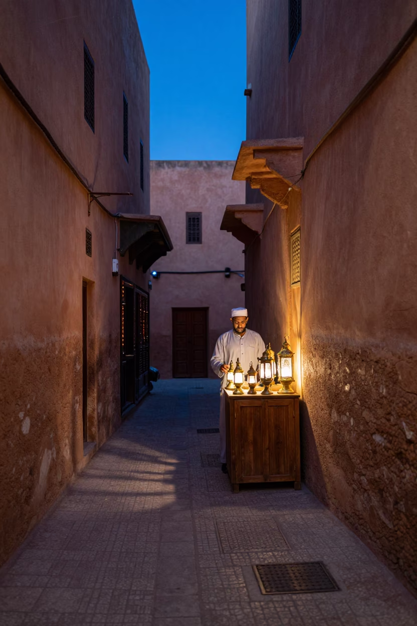 Fez Morocco Evening Blue Hour Narrow Alleyway Street Scene with Traditional Architecture in in Fez, Morocco