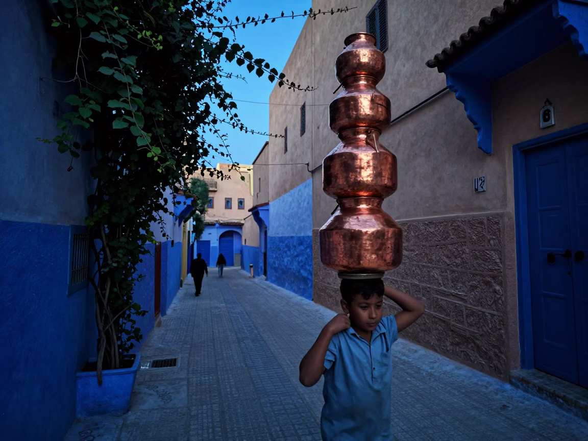 Fez Morocco Evening Blue Hour Street Scene with Copper Pot and Ivy in in Fez, Morocco