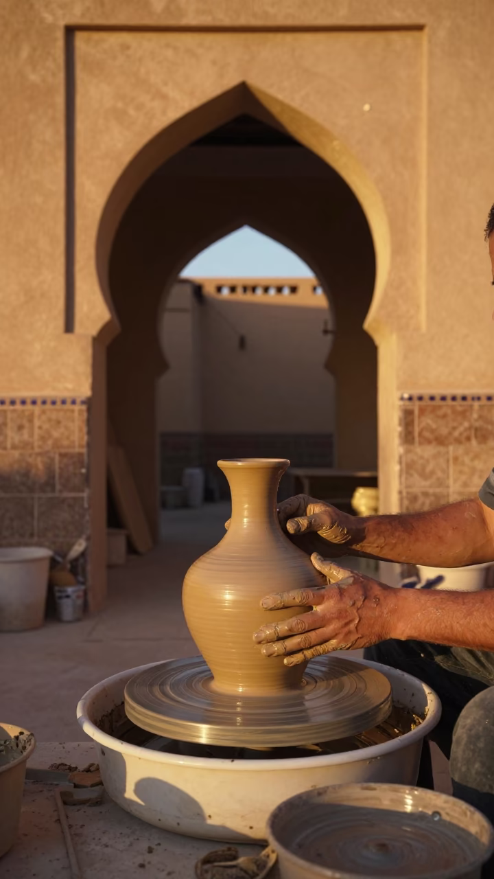 Fez Morocco evening light ceramic workshop porcelain jar and traditional tools in in Fez, Morocco