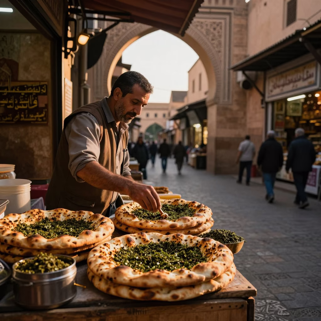 Fez Morocco Evening Light Manakeesh Zaatar Flatbread in Traditional Souk in in Fez, Morocco