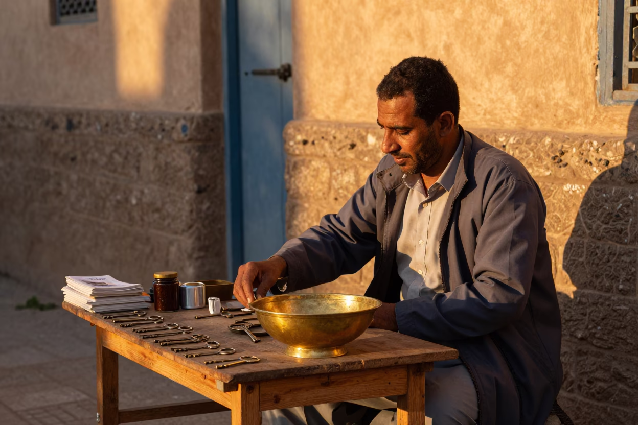 Fez Morocco Evening Light Street Scene with Key Bowl and Wicker Shadows in in Fez, Morocco