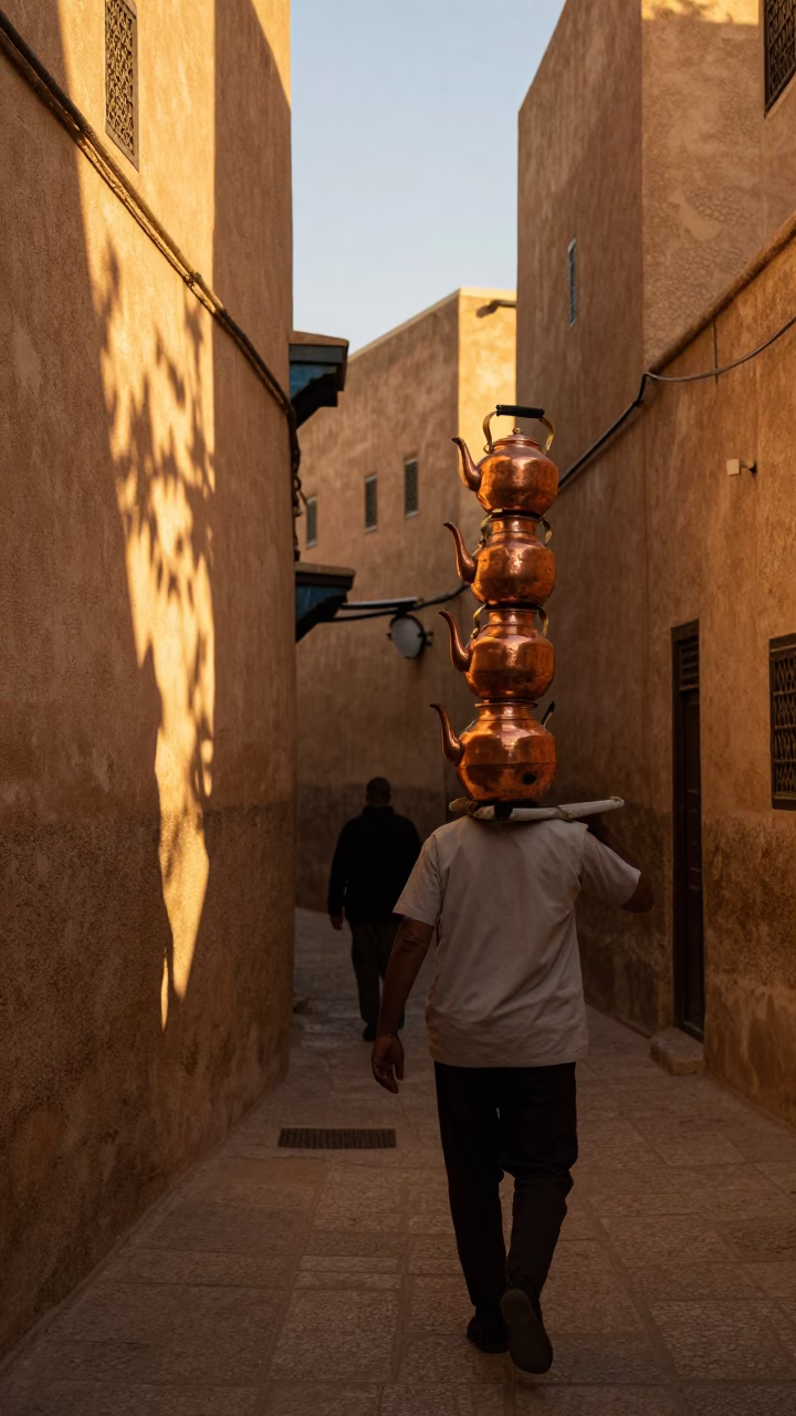 Fez Morocco Evening Light Tea Kettles Pigeons Plaster Walls Street Scene in in Fez, Morocco
