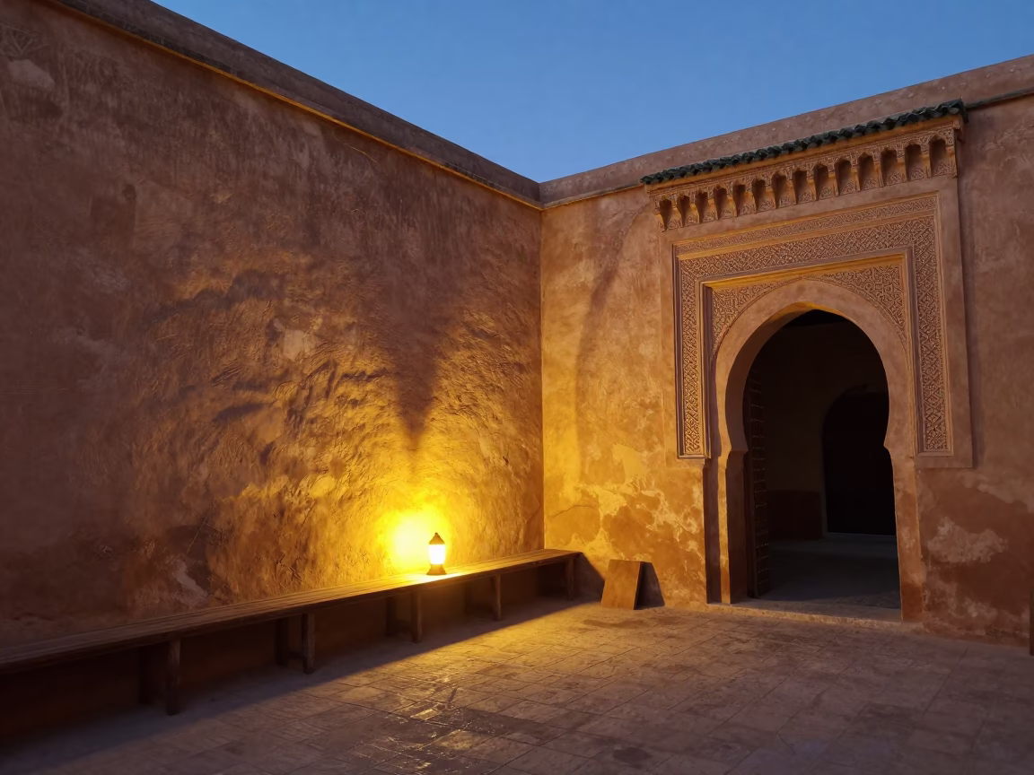 Fez Morocco evening light traditional courtyard night-light and plaster walls in in Fez, Morocco