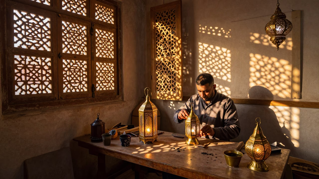 Fez Morocco Evening Light Traditional Lantern Maker Workshop Interior Scene in in Fez, Morocco