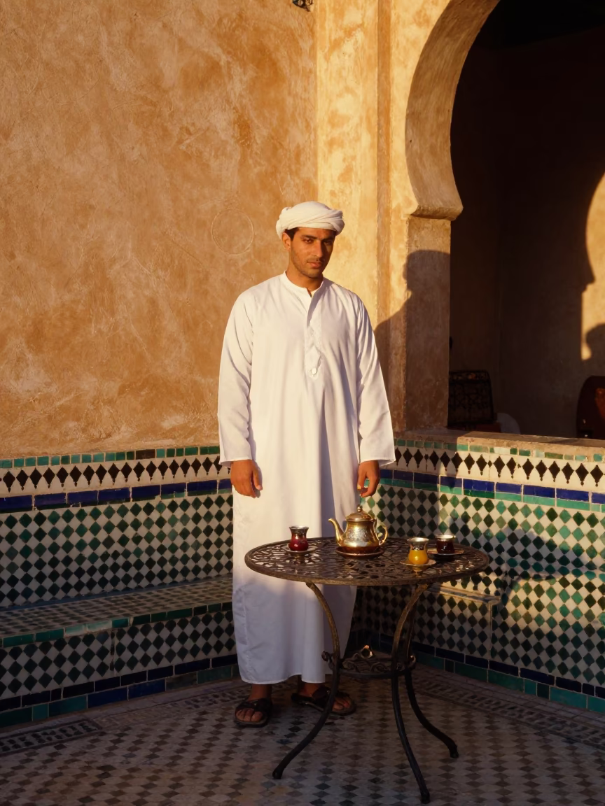 Fez Morocco Evening Light Traditional Tea Service on Zellige Tile Terrace in in Fez, Morocco