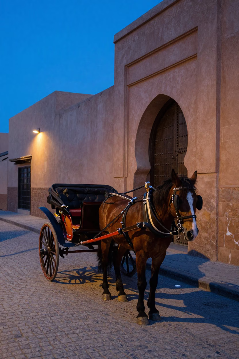 Fez Morocco Evening Street Scene Horse Carriage Cobblestones and Traditional Architecture in in Fez, Morocco