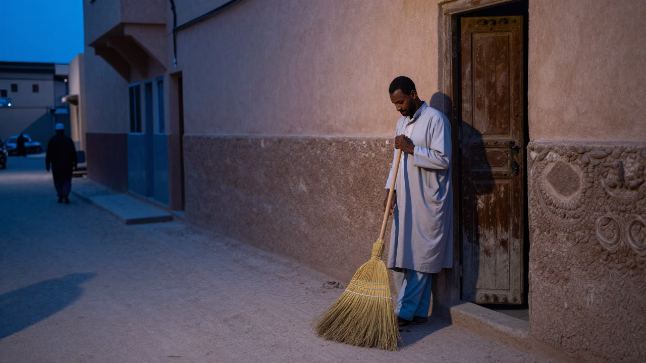 Fez Morocco Evening Street Scene with Broom and Dusty Sill in in Fez, Morocco