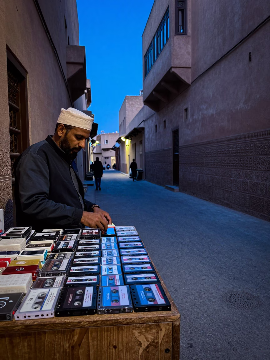Fez Morocco Evening Street Scene with Cassette Tapes and Soap Residue in in Fez, Morocco