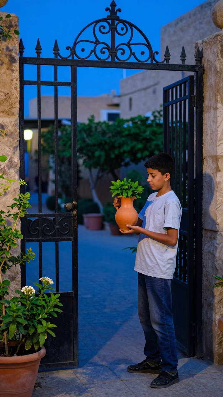 Fez Morocco Evening Street Scene with Ceramic Pitcher and Garden Gate in in Fez, Morocco