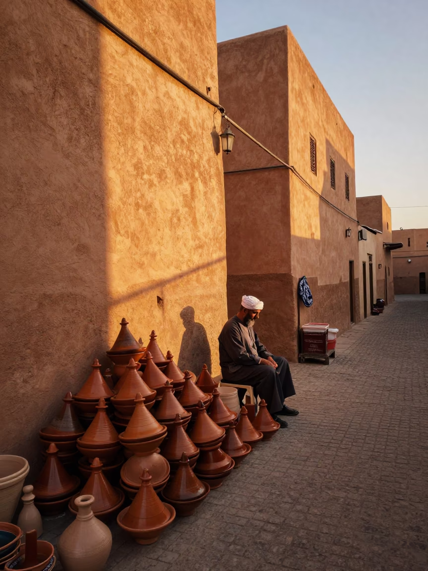 Fez Morocco Evening Street Scene with Ceramic Ware and Traditional Architecture in in Fez, Morocco