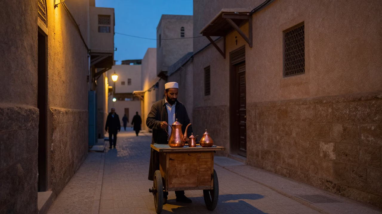 Fez Morocco Evening Street Scene with Copper Coffee Pot and Local Vendor in in Fez, Morocco