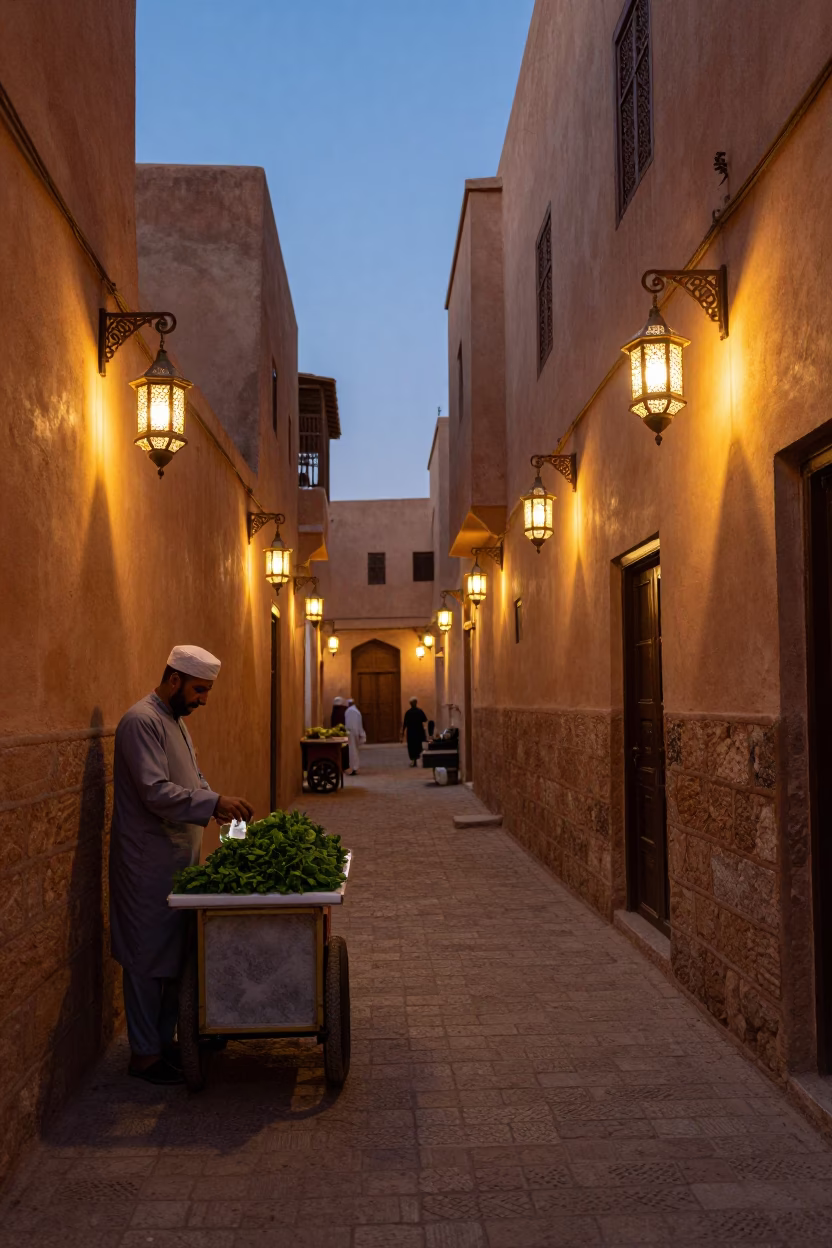 Fez Morocco Evening Street Scene with Glowing Lanterns and Traditional Architecture in in Fez, Morocco