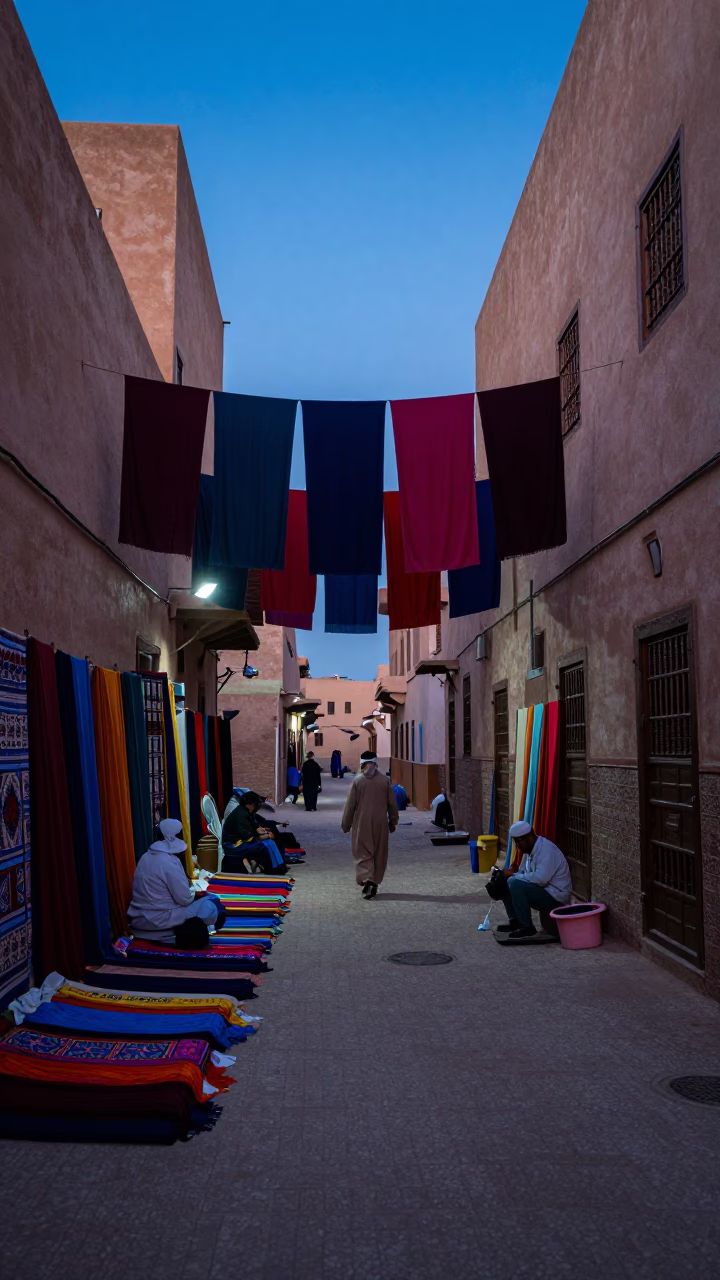Fez Morocco Evening Street Scene with Hanging Dyed Fabrics and Local Market Activity in in Fez, Morocco