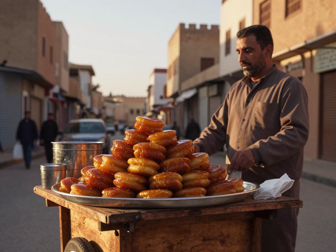 Fez Morocco Evening Street Scene with Honey Drenched Loukoumades in Traditional Market in in Fez, Morocco
