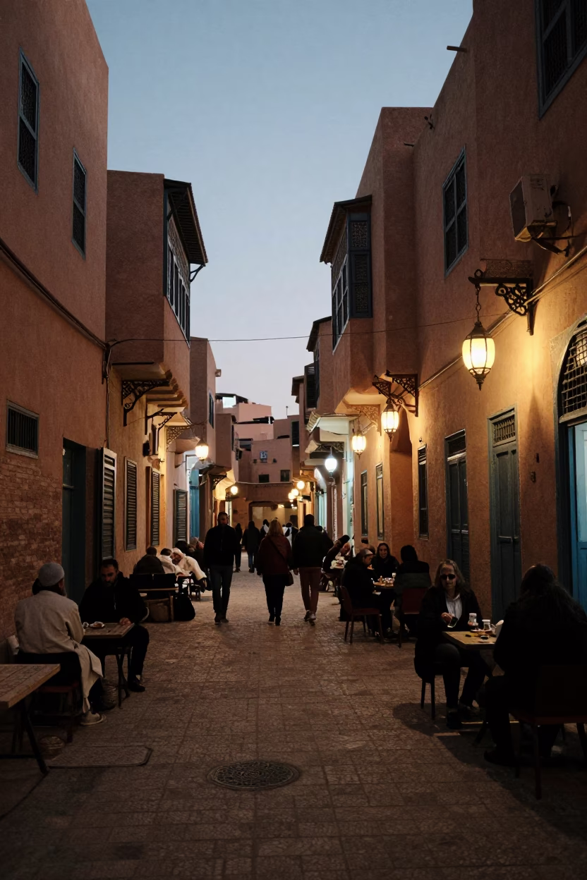 Fez Morocco Evening Street Scene with Lanterns and Traditional Tea Service at Dusk in in Fez, Morocco