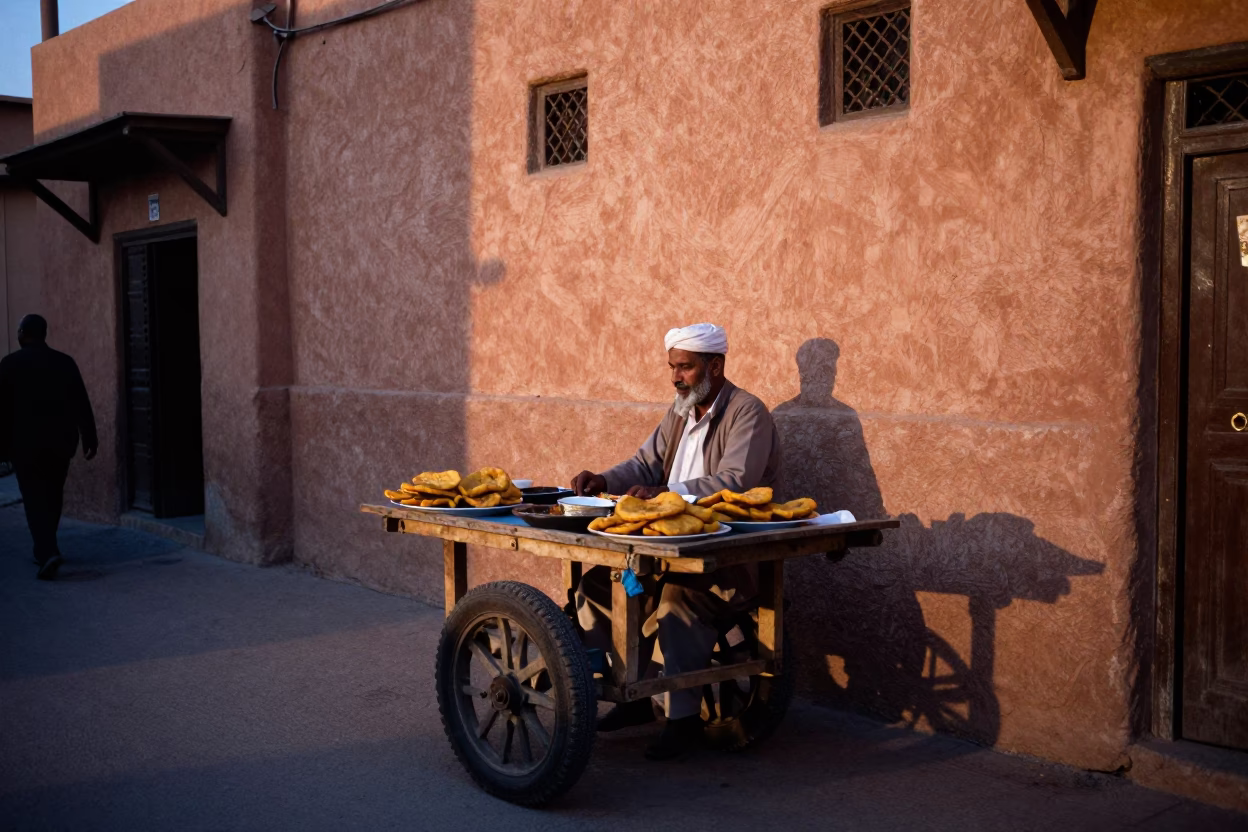 Fez Morocco Evening Street Scene with Plate of Aloo Tikki and Chutneys in in Fez, Morocco