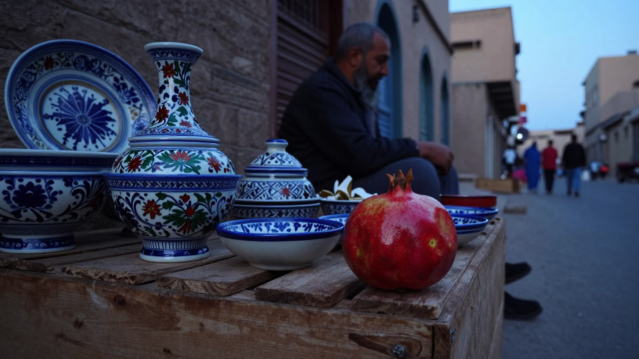 Fez Morocco Evening Street Scene with Pomegranate and Vintage Majolica Plate in in Fez, Morocco