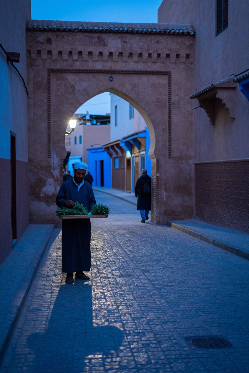 Fez Morocco Evening Street Scene with Rosemary Sprigs and Traditional Architecture in in Fez, Morocco