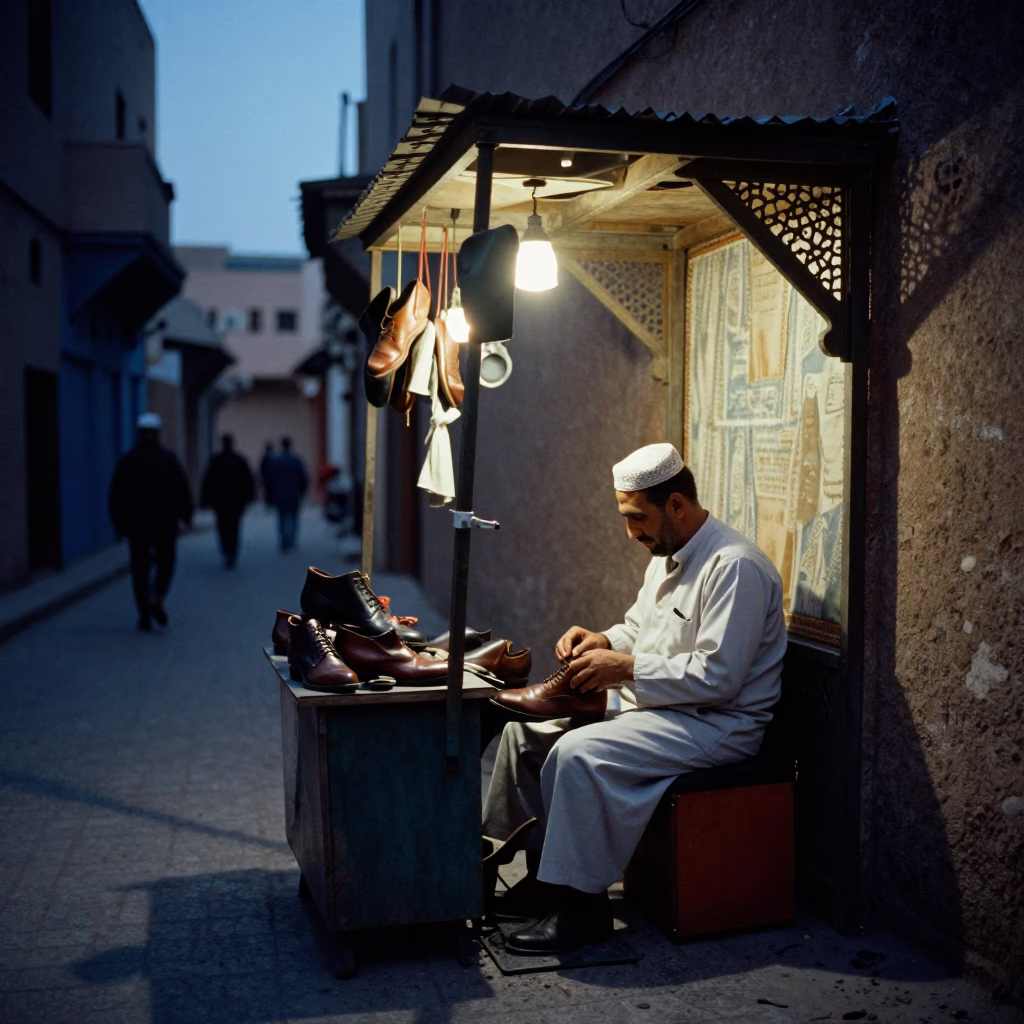 Fez Morocco Evening Street Scene with Shoe Cleaning Stall and Rain Puddles in in Fez, Morocco