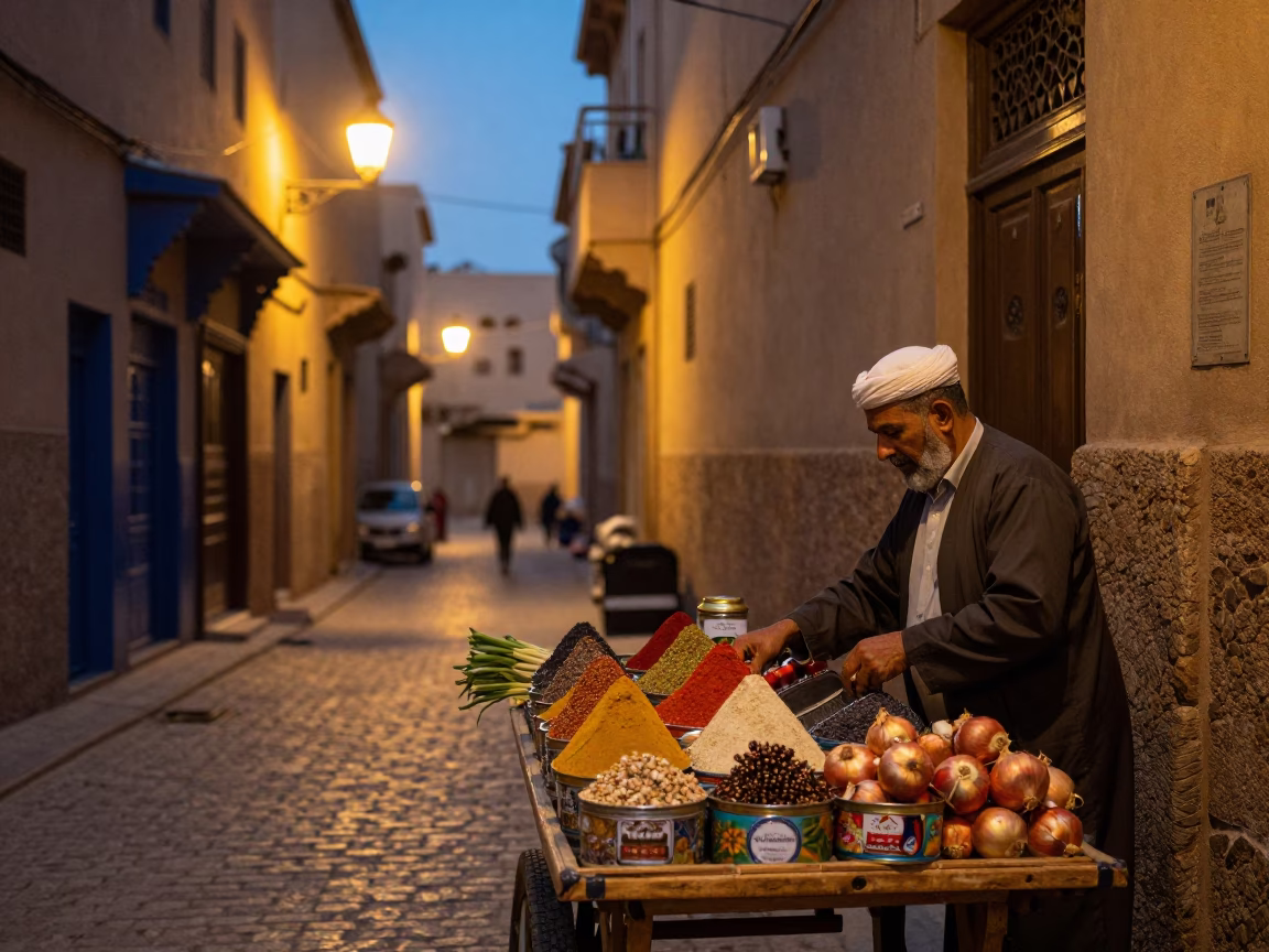 Fez Morocco Evening Street Scene with Spice Tins and Onions at Dusk in in Fez, Morocco