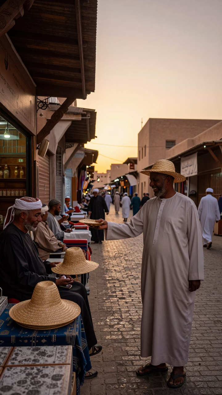 Fez Morocco Evening Street Scene with Straw Hat and Traditional Pottery in in Fez, Morocco