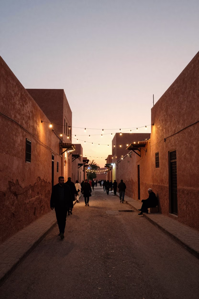 Fez Morocco Evening Street Scene with String Lights and Traditional Food in in Fez, Morocco