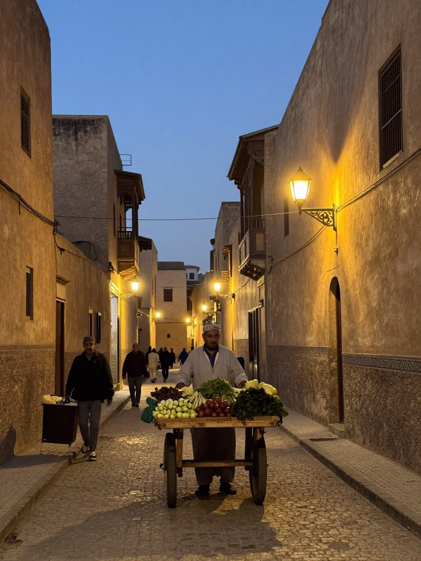 Fez Morocco Evening Street Scene with Traditional Architecture and City Lights in in Fez, Morocco