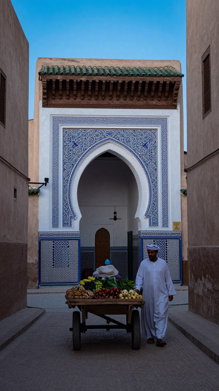 Fez Morocco Evening Street Scene with Traditional Architecture and Local Life in in Fez, Morocco