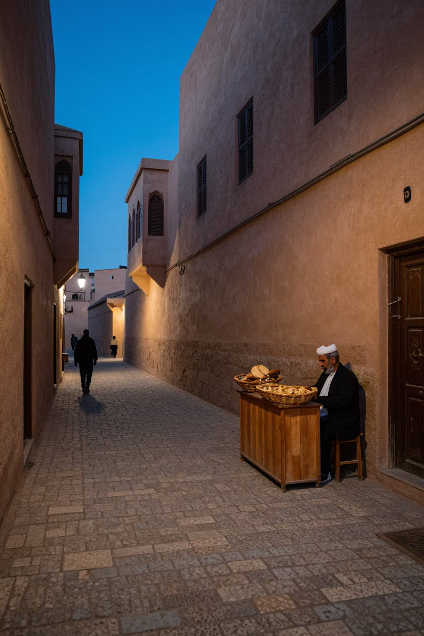 Fez Morocco Evening Street Scene with Traditional Bread Basket and Local Market Activity in in Fez, Morocco