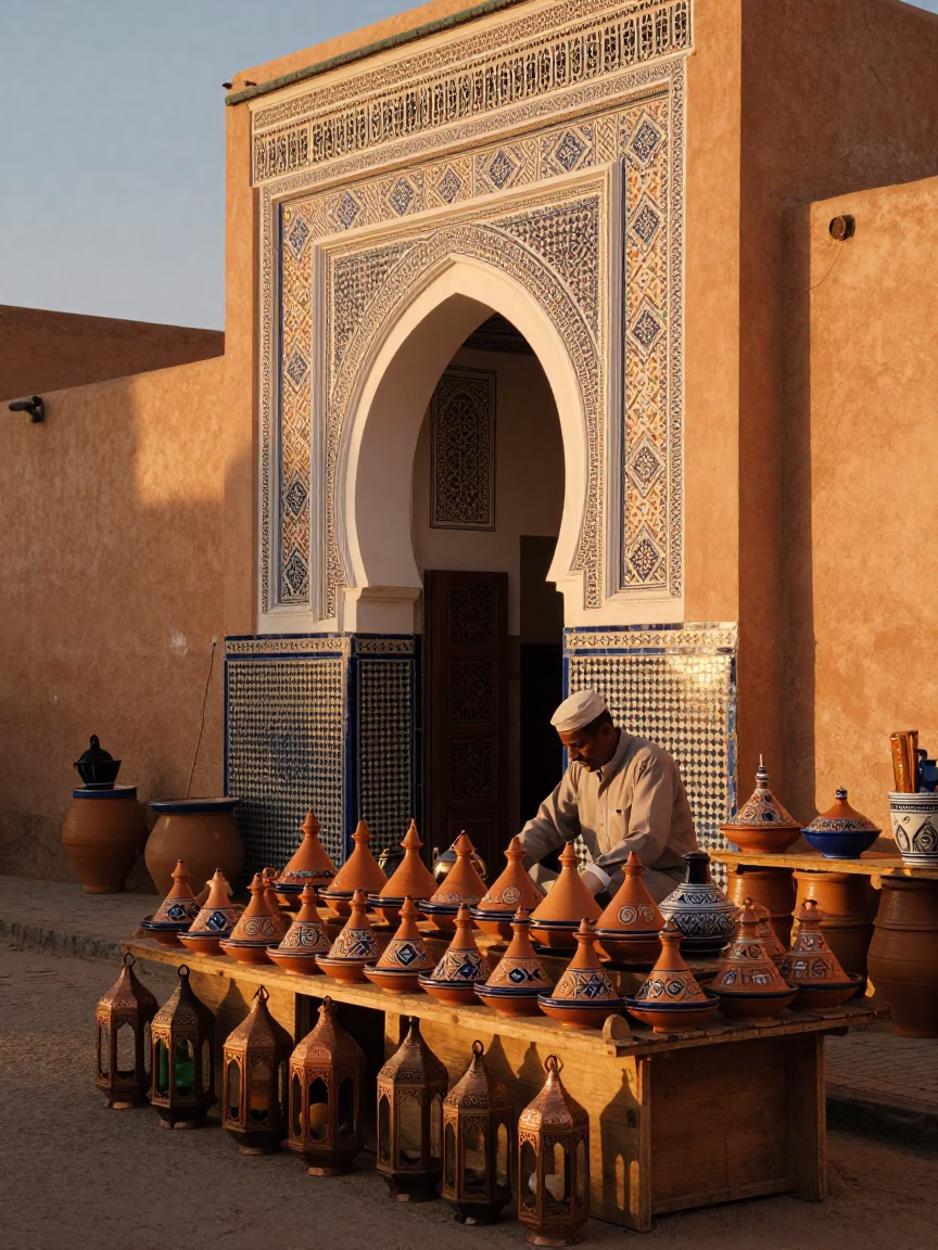 Fez Morocco Evening Street Scene with Traditional Pottery and Lively Local Interaction in in Fez, Morocco