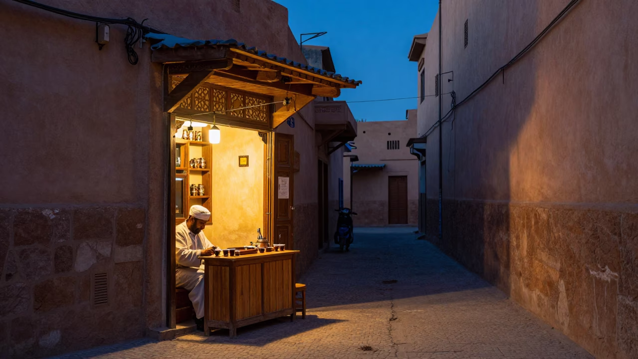 Fez Morocco Evening Street Scene with Traditional Tea and Local Architecture in in Fez, Morocco